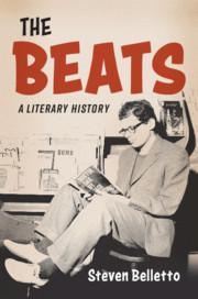 Cover of The Beats: A Literary History, with a drawing of a man wearing glasses sitting and reading a book